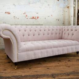 British Handmade 3 Seater Pale Powder Pink Textured Velvet Chesterfield Sofa - thumbnail 2