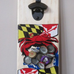 Crab Over Chesapeake Bay Maryland Flag Wall Mounted Wooden Magnetic Bottle Opener With Cap Catcher Bottle Opener - thumbnail 2