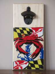 Crab Over Chesapeake Bay Maryland Flag Wall Mounted Wooden Magnetic Bottle Opener With Cap Catcher Bottle Opener - thumbnail 1