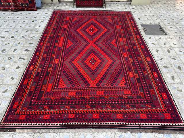 9.6x14.2 Ft, Hand Knotted Afghan Flatweave Square Rug, Dining Table Decorative Unique Wool Rug - image 1