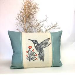 Blue Linen Hummingbird Pillow Appliqued Floral Accent - thumbnail 1