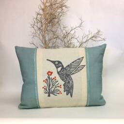 Blue Linen Hummingbird Pillow Appliqued Floral Accent - thumbnail 2