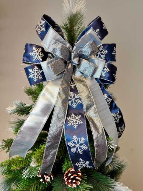 Navy Blue Silver Christmas Tree Topper Snowflake Bow Holiday Wreath Bows Lantern Gift Decoration - image 1