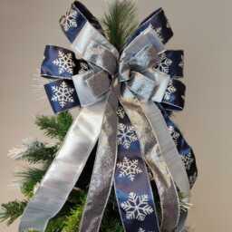 Navy Blue Silver Christmas Tree Topper Snowflake Bow Holiday Wreath Bows Lantern Gift Decoration - thumbnail 3