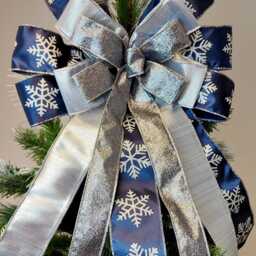 Navy Blue Silver Christmas Tree Topper Snowflake Bow Holiday Wreath Bows Lantern Gift Decoration - thumbnail 2