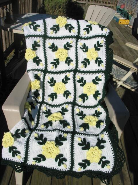 Yellow Rose Afghan Blanket Handmade Floral Throw, White & Green - image 1