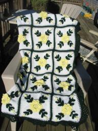 Yellow Rose Afghan Blanket Handmade Floral Throw, White & Green