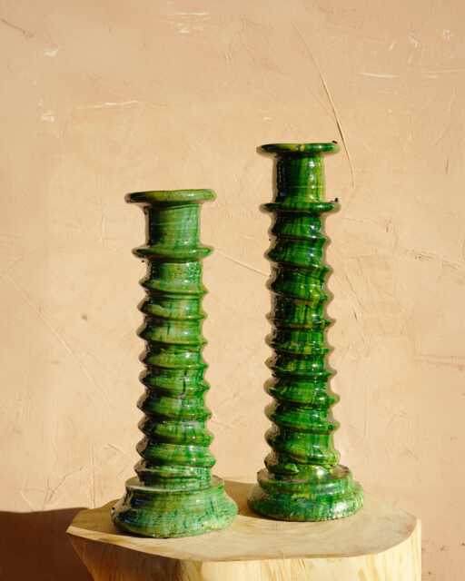 Mid-Season Sale Moroccan Green/Ochre Tamegroute Large Abstract Twist Sculpture Candlestick Holder, Handmade Ceramic Pottery, Craftsmanship - image 1