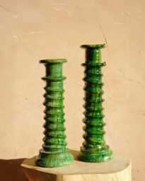 Mid-Season Sale Moroccan Green/Ochre Tamegroute Large Abstract Twist Sculpture Candlestick Holder, Handmade Ceramic Pottery, Craftsmanship - thumbnail 1