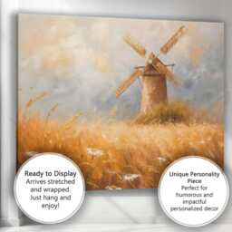 Rustic Windmill in Golden Wheat Meadow Impressionist Landscape Canvas Wall Art Print Decor Picture Ready To Hang - thumbnail 3
