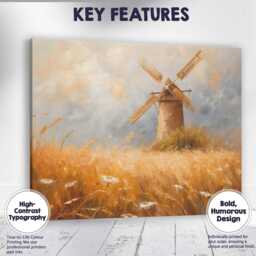 Rustic Windmill in Golden Wheat Meadow Impressionist Landscape Canvas Wall Art Print Decor Picture Ready To Hang - thumbnail 1