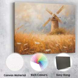 Rustic Windmill in Golden Wheat Meadow Impressionist Landscape Canvas Wall Art Print Decor Picture Ready To Hang - thumbnail 2