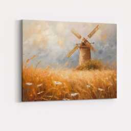 Rustic Windmill in Golden Wheat Meadow Impressionist Landscape Canvas Wall Art Print Decor Picture Ready To Hang - thumbnail 4