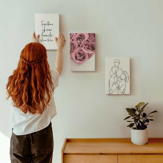 3 Piece Canvas Set - Family Lineart Rose Bouquets Home Text, Pink Print On Canvas, People Wall Decor - image 1