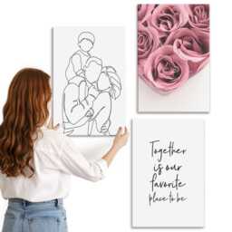 3 Piece Canvas Set - Family Lineart Rose Bouquets Home Text, Pink Print On Canvas, People Wall Decor - thumbnail 3