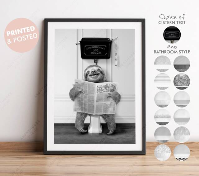 Black & White Sloth On Toilet With Newspaper, Victorian Toilet, Funny Bathroom Print, Animal Cute Whimsy - image 1