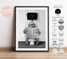 Black & White Sloth On Toilet With Newspaper, Victorian Toilet, Funny Bathroom Print, Animal Cute Whimsy - thumbnail 1