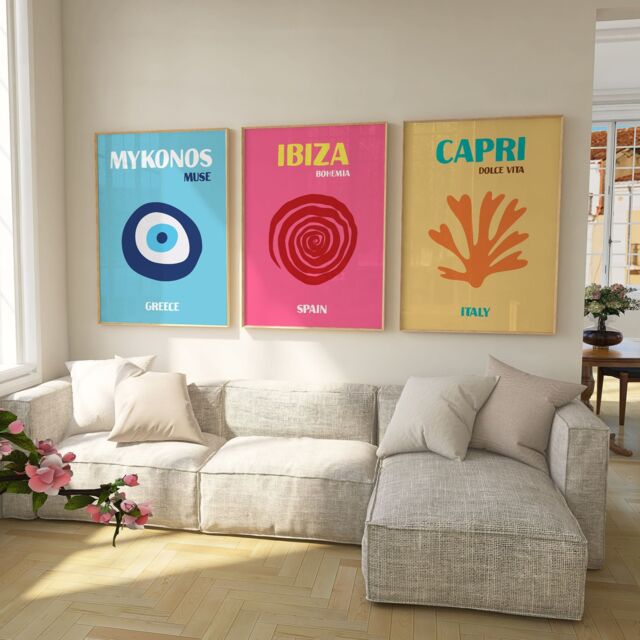 Capri, Ibiza, Mykonos Prints Set Of 3 Trendy Travel Posters
