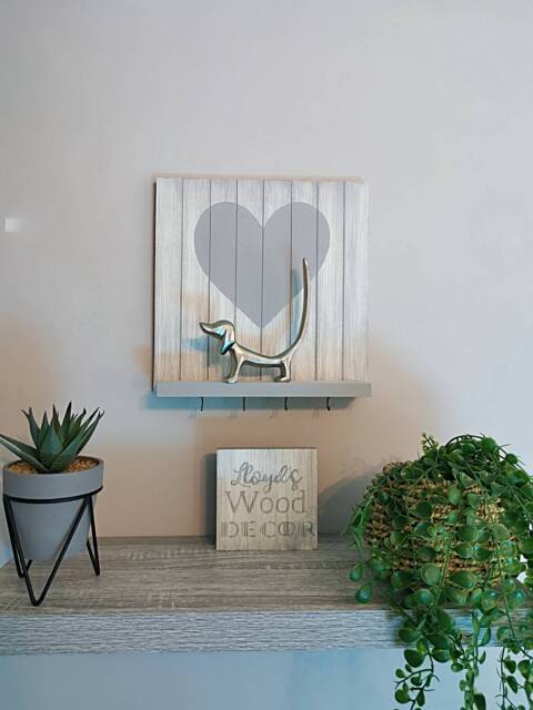 Rustic Shabby Chic Heart Wall Art Grey Wooden Home Decor Shelf Key Hook - image 1