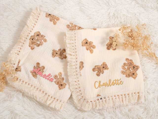 Personalized Embroidered Teddy Bear Baby Blanket Soft Cotton Christening Gift - image 1