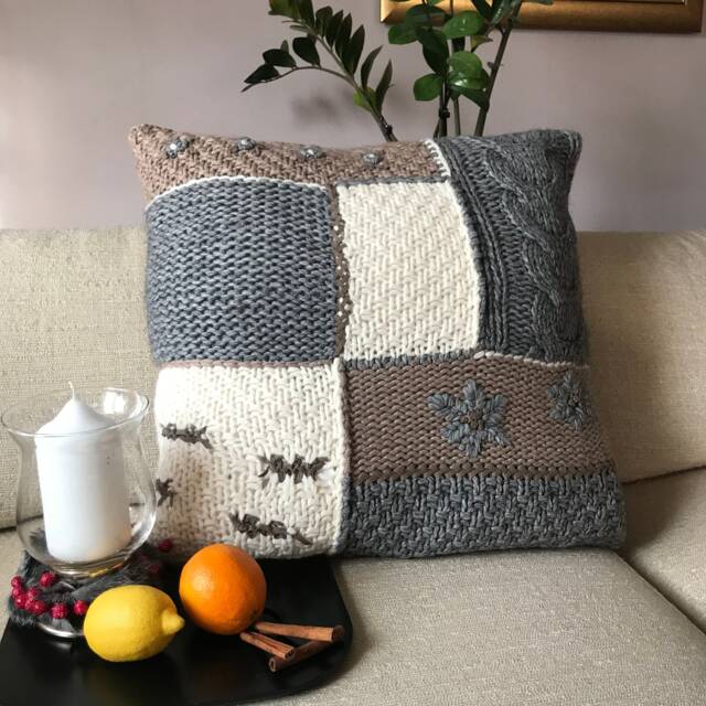 Handmade Patchwork Alpaca Wool Pillow Cover Knitted Farmhouse Cushion - 23.5x23.5 - image 1