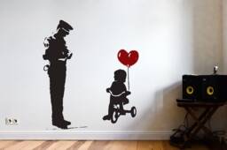 Banksy Wall Decal Cop & Girl With Heart Balloon, Tricycle Cop Graffiti, Police Guard Balloon Street Art Sticker, Urban-Decor - thumbnail 1