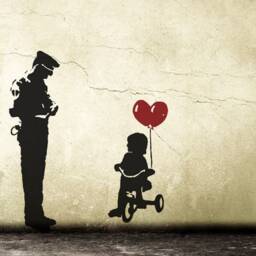 Banksy Wall Decal Cop & Girl With Heart Balloon, Tricycle Cop Graffiti, Police Guard Balloon Street Art Sticker, Urban-Decor - thumbnail 3