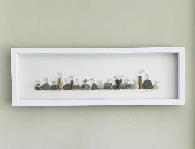Cornish Sea Glass Birds On Pebbles & Driftwood Framed Panoramic Picture Coastal Wall Art Handmade in Cornwall - image 1