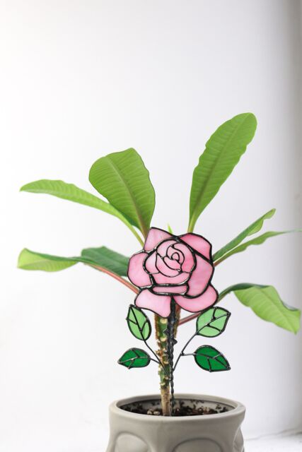 Plant Stake Pink Rose Decor in A Flowerpot Stained Glass Decor Mothers Day Gift Idea Garden Gift Ideas - image 1