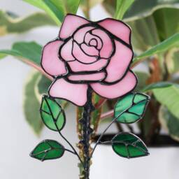 Plant Stake Pink Rose Decor in A Flowerpot Stained Glass Decor Mothers Day Gift Idea Garden Gift Ideas - thumbnail 3