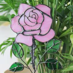 Plant Stake Pink Rose Decor in A Flowerpot Stained Glass Decor Mothers Day Gift Idea Garden Gift Ideas - thumbnail 2