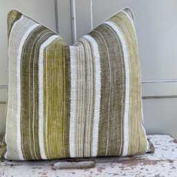 Fermoie Carskiey Broad Stripe Designer Olive Green Linen Cushion Pillow Cover - thumbnail 2
