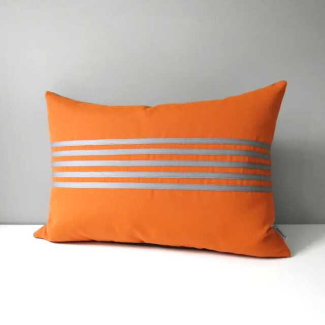 Decorative Grey & Orange Sunbrella?? Outdoor Pillow Cover With Modern Stripes, Gray Striped Cushions For Pool & Patio, Mazizmuse Align - image 1