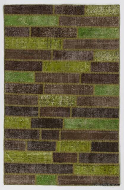 Handmade Green & Brown Turkish Patchwork Rug - image 1