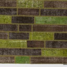Handmade Green & Brown Turkish Patchwork Rug - thumbnail 3