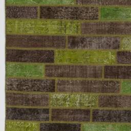 Handmade Green & Brown Turkish Patchwork Rug - thumbnail 4