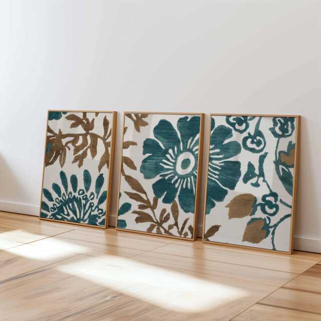 Teal & Brown Floral Wall Art Prints Set Of 3, Modern Botanical Posters, Abstract Flower Artwork For Living Room Or Bedroom Decor - image 1