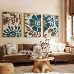 Teal & Brown Floral Wall Art Prints Set Of 3, Modern Botanical Posters, Abstract Flower Artwork For Living Room Or Bedroom Decor - thumbnail 3