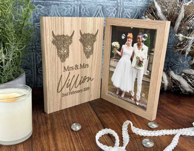 Mrs & Highland Cow Design Personalised Gift Photo Frame Wedding - Anniversary Engagement Valentines Friend Happy Couple Oak - image 1