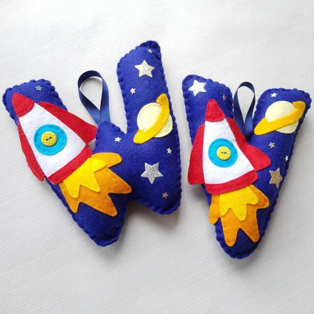 Personalised Hanging Letter. 18cm Decorated Felt Initial Space Rocket Star Planet Baby Gift Childrens Bedroom Decor Stocking Filler - image 1
