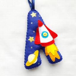 Personalised Hanging Letter. 18cm Decorated Felt Initial Space Rocket Star Planet Baby Gift Childrens Bedroom Decor Stocking Filler - thumbnail 2