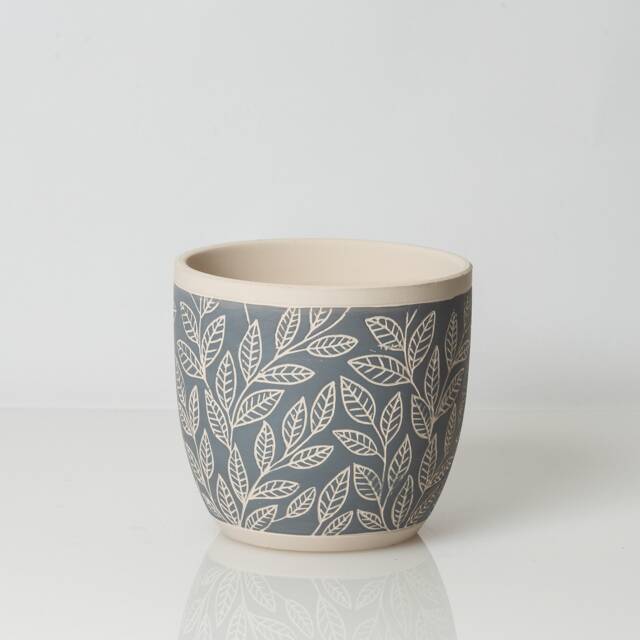 Leaf Decorated Pot, 5 Inch Gray Planter, Etched Clay Glazed Patterned Pot - image 1