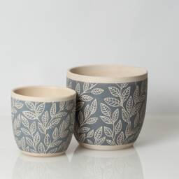 Leaf Decorated Pot, 5 Inch Gray Planter, Etched Clay Glazed Patterned Pot - thumbnail 4