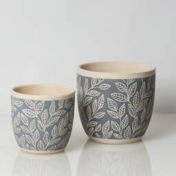 Leaf Decorated Pot, 5 Inch Gray Planter, Etched Clay Glazed Patterned Pot - thumbnail 2
