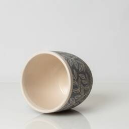 Leaf Decorated Pot, 5 Inch Gray Planter, Etched Clay Glazed Patterned Pot - thumbnail 3