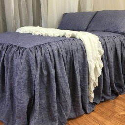 Chambray Denim Linen Bedspread, Bed Cover Handmade in Natural Flax. Mermaid Long Ruffle Pillow Cases, Its A Stunner - thumbnail 3