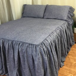 Chambray Denim Linen Bedspread, Bed Cover Handmade in Natural Flax. Mermaid Long Ruffle Pillow Cases, Its A Stunner - thumbnail 2