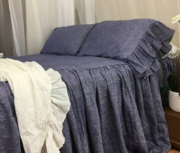 Chambray Denim Linen Bedspread, Bed Cover Handmade in Natural Flax. Mermaid Long Ruffle Pillow Cases, Its A Stunner