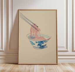 Noodle Bowl Wall Art Print, Asian Food Poster, Minimalist Ramen Kitchen Decor, Japanese Illustration Style, Unframed Modern Print - thumbnail 1