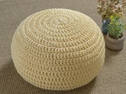 White Pouf Ottoman, Cream Crochet, Crochet Floor Pillow, Knitted Ottoman Pouf, Scandinavian Large For Kids/Adults - thumbnail 1